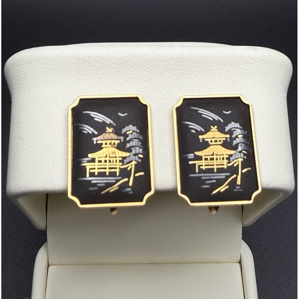Vintage AMITA Gold Tone Black Pagoda Damascene Screwback Earrings Japan 1960s